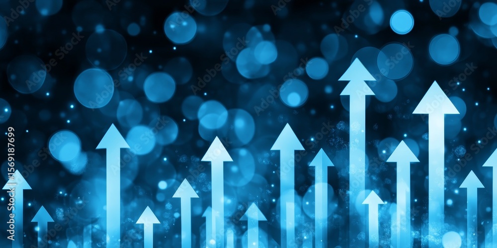 Poster illuminated future abstract digital data background with ascending arrow of growth and success