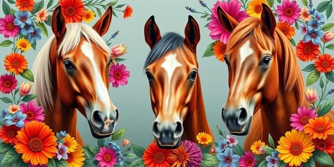 Vibrant floral frames surround expressive horse portraits, showcasing calm and fierce moods,  delicate,  vibrant