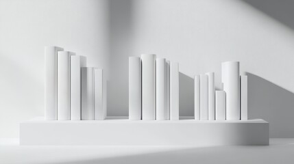 Obraz premium White books arranged on a white shelf.