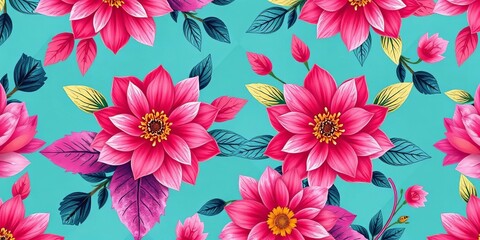 Vibrant geometric floral wallpaper with teal, pink, and gold accents, modern, lines