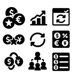 Multi-Currency Icons. Solid style icons of multi-currency setup: multiple currencies icon, comparison chart, convert all, batch