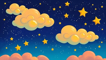 Whimsical cartoon clouds & stars painted in bright colors against a night sky, canvas, artwork