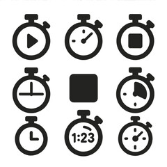 Fototapeta premium Stopwatch Icon Set. Solid style icons of stopwatch features: start stopwatch, lap time icon, stop button, reset stopwatch, split