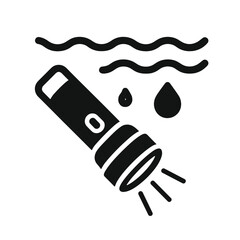 Underwater Flashlight Icons. Solid style icons of underwater flashlight: diving torch, waterproof light icon, submerged beam,