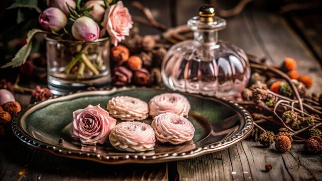 Vintage-style display of Halloween sweets with roses on wooden table
