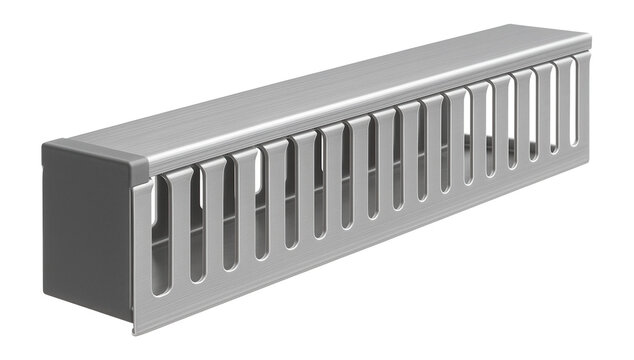 Aluminum wire duct with a slotted design for organizing electrical cables in control panels.
