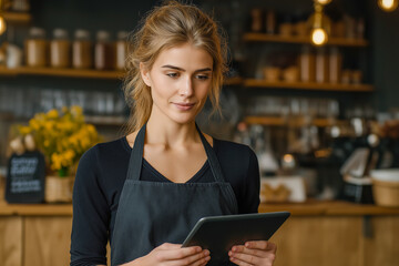 Cafe owner managing orders with a digital tablet in her restaurant. Using technology to enhance customer service.