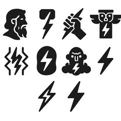 Mythical Lightning Icons. Solid vector icons of myth and culture: Zeus bolt icon, Norse lightning hammer, god hand with bolt,