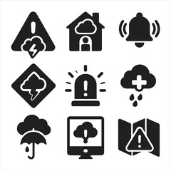 Weather Safety Icons. Solid vector icons of weather safety and alerts: weather warning triangle, storm shelter icon, emergency