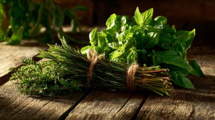 Green herbs like parsley, basil, and rosemary bundled on an aged wooden surface, sunlight casting gentle shadows enhancing their vibrant color
