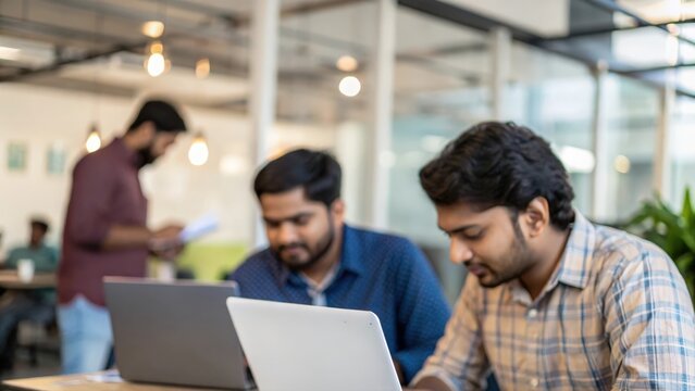 Indian colleagues collaborating in open-plan office with digital devices
