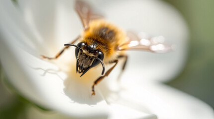 A close-up of a bee with detailed view of its wings and body, showcasing nature photography.