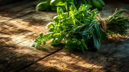 Green herbs like parsley, basil, and rosemary bundled on an aged wooden surface, sunlight casting gentle shadows enhancing their vibrant color