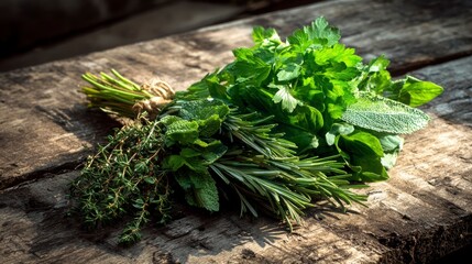 Green herbs like parsley, basil, and rosemary bundled on an aged wooden surface, sunlight casting gentle shadows enhancing their vibrant color
