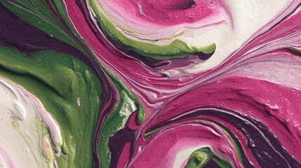 Obraz premium Intricate closeup of colorful paint swirls featuring a harmonious mix of green pink and purple. The flowing liquid creates a dynamic texture that evokes creativity making it an excellent