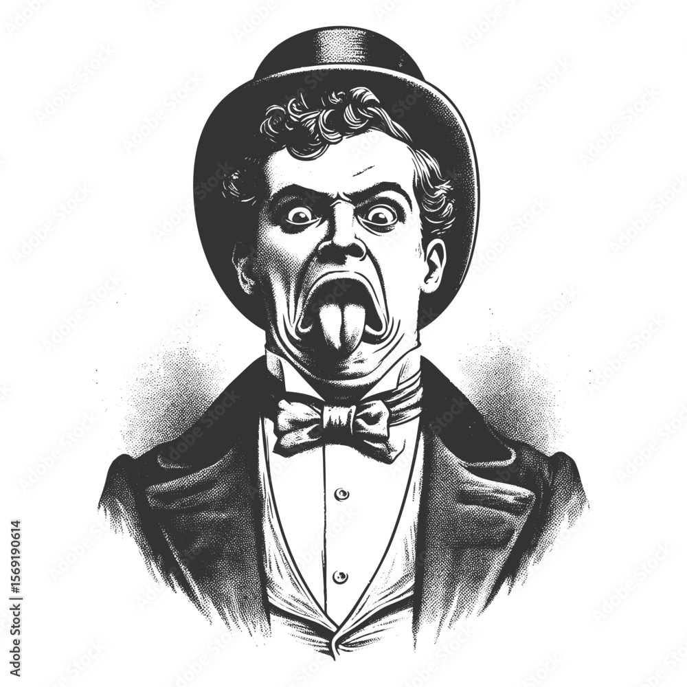 Poster curly-haired man in formal attire and top hat sticking out his tongue in a goofy expression sketch e
