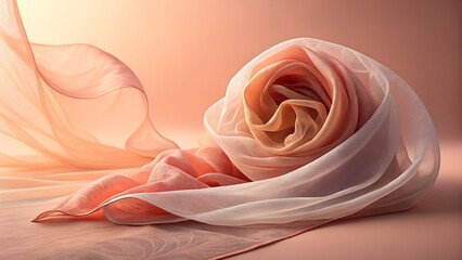 Soft peach chiffon fabric rolled into rose shape on pastel background
