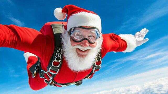 Santa claus skydiving adventure: festive parachuting experience in the blue sky
