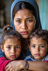 Powerful portrait of a refugee mother with a worried expression holding her two young children, symbolizing poverty, hardship, and the human crisis of displacement