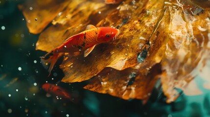 Orange Koi fish on pond leaves