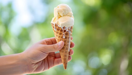 A hand holding a dripping vanilla ice cream cone against a blurred green and blue background