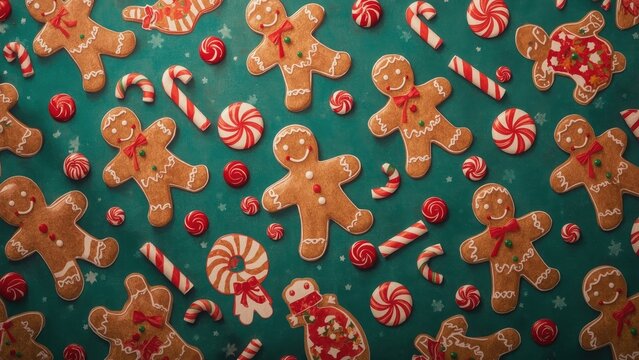 Unique pattern of festive gingerbread cookies with candy canes and peppermints on teal background perfect for Christmas decorations, holiday cards, winter celebrations, cozy seasonal themes cheerful