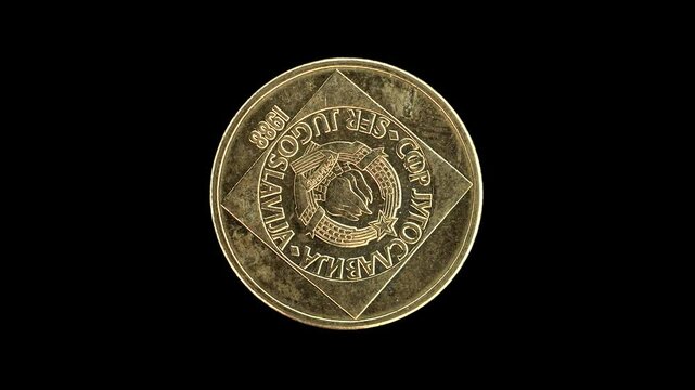 Yugoslavia 1988 100 dinara coin obverse with state emblem inside square border on black background