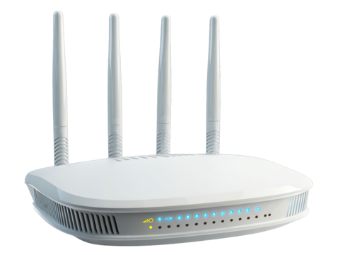 White wireless router with antennas for internet use on transparent background