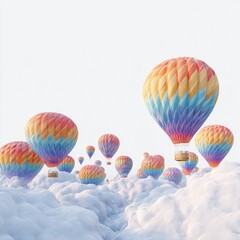 Fototapeta premium Colorful hot air balloons float over fluffy clouds