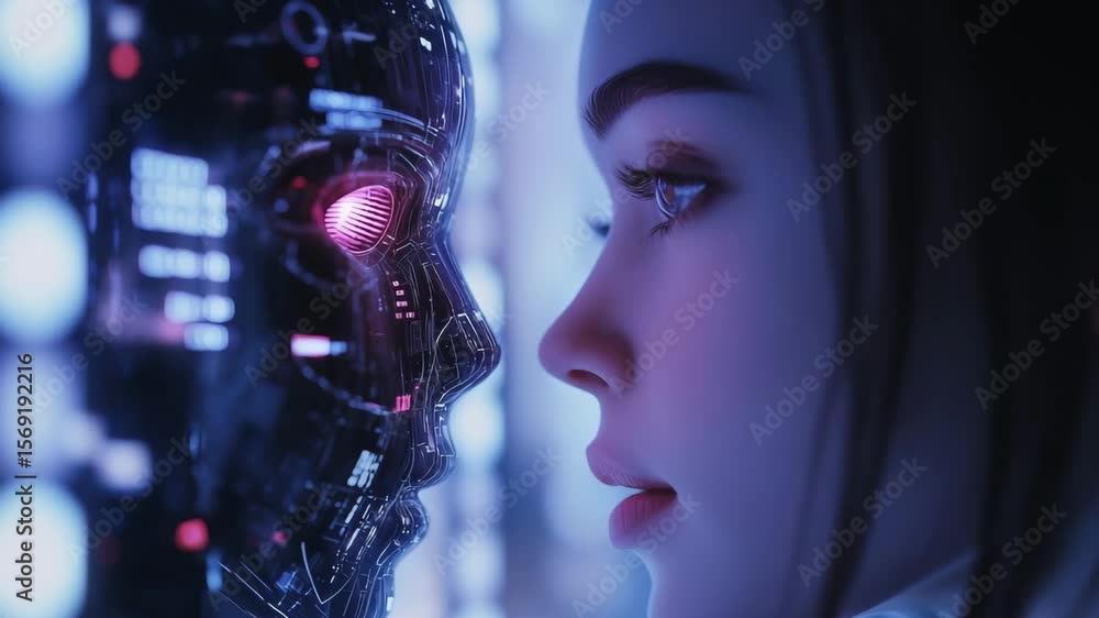 Poster a human and a robotic entity engage in a close encounter, showcasing advanced technology and the pot
