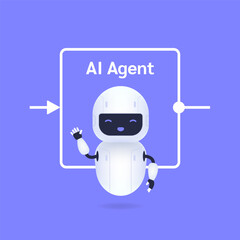Robot cartoon character waving hello with AI agent workflow design, representing advanced technology and automation illustration.