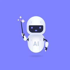 Innovative AI robot holding a magic wand against purple background cartoon illustration.