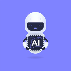 Friendly robot character holding an AI chip on a purple background.