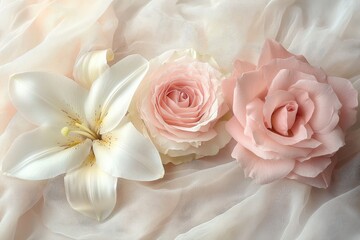Delicate pastel roses and lilies on sheer fabric.