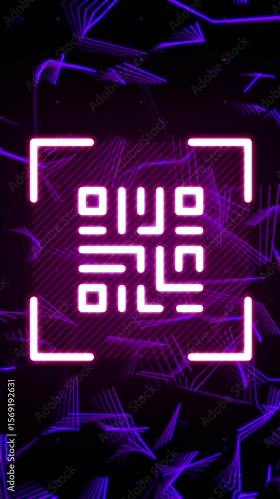 Poster animation of network of connections and qr code with icons over dark background