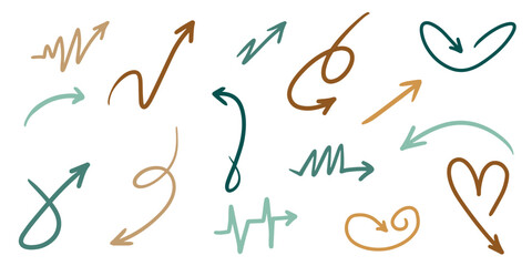 Abstract playful arrows in mixed earthy tones, decorative heart and pulse vector icons for creative projects and modern interfaces