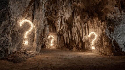 Stalactitestudded cave showcasing ethereal question marks glowing softly symbolizing the quest for knowledge and adventure creating an irresistible atmosphere for explorers and dreamers