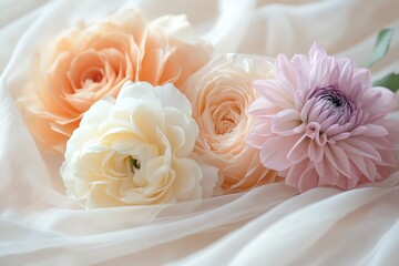 Obraz premium Delicate pastel flowers arranged on sheer fabric.
