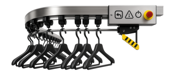 Overhead conveyor system with garment hangers and automated loading station for clothing production facilities