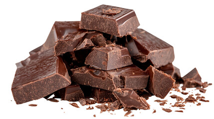 Broken pieces of dark chocolate stacked on white background, showing smooth texture and rich color, ideal for baking, desserts, or snacking.
