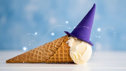 Whimsical vanilla ice cream cone wearing a purple wizard hat with magical sparkles