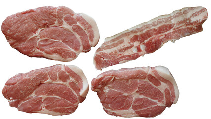 Raw Fresh Pork Meat Cuts on White Background