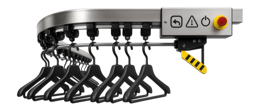 Overhead conveyor system with garment hangers and automated loading station for clothing production facilities