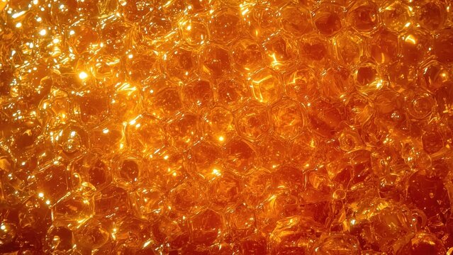 Unique texture of golden honeycomb close-up shining natural sweetness background for food packaging, organic products, health promotion, warm amber tones, macro detail, nature inspiration