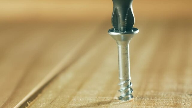 Close-up silver self tapping screw unscrewing from wood board. Macro view hardware fastener reversing out of timber surface on repair. Shiny screw working out during construction process