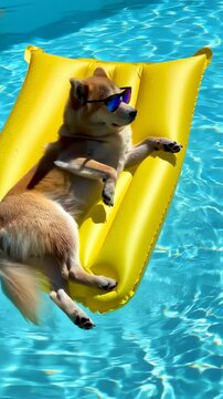 Chillin' Pup: A cool dog lounges in a pool on a bright yellow inflatable, wearing sunglasses, relishing a sunny day. Capturing laid-back vibes.