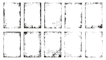 Collection of grunge distressed rectangle frames. Vintage borders with dirty, cracked textures for overlays, posters, or retro designs. Vector set on white background.