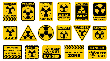 Obraz premium Radioactive sign collection in yellow and black. Radiation hazard and nuclear warning symbols for industrial or science use. Vector safety icons.
