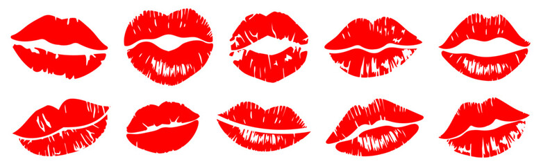 Lipstick kiss mark collection. Red lip prints and romantic symbols for Valentine's Day, beauty themes, or cosmetic design. Vector illustrations.