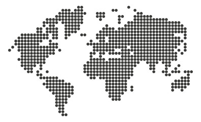 World map made of black dots. Abstract global shape in pixel style for international, tech, or geography-related design. Vector background.